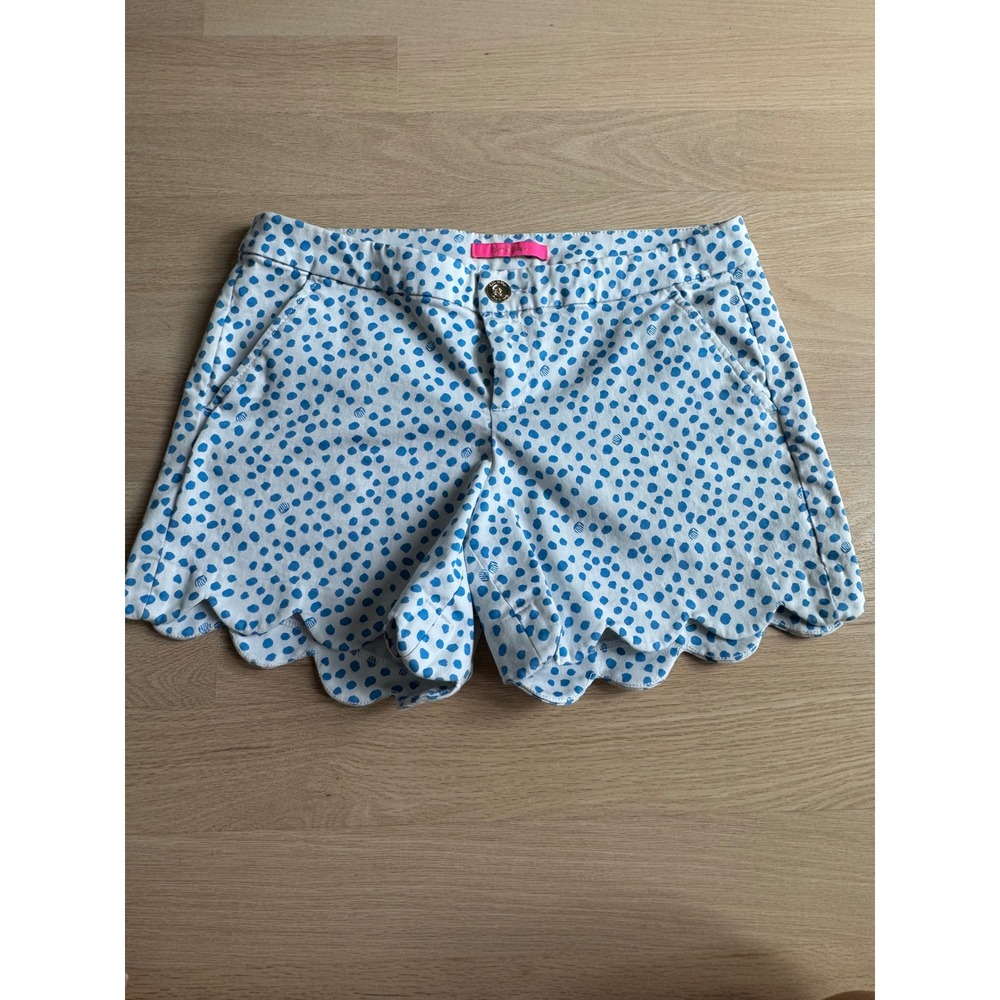 Lilly Pulitzer Buttercup Scalloped Hem Shorts Blue White Polka Dot Size 8
